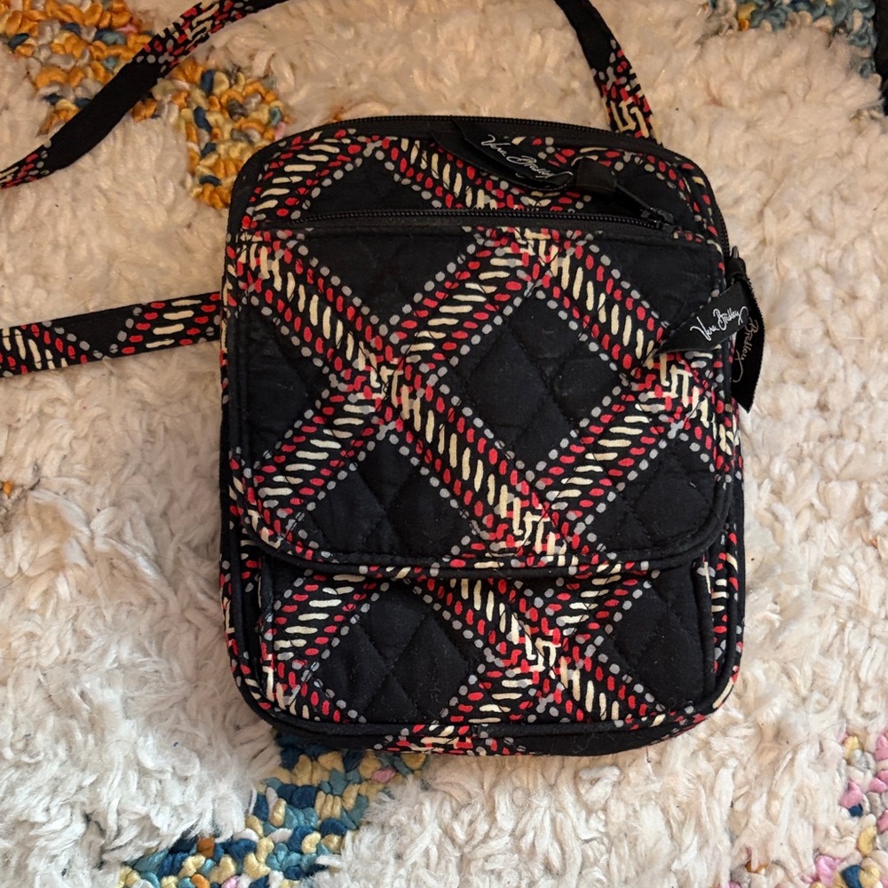 Vera Bradley Black Crossbody Bag with Red & Cream Plaid-Style Pattern